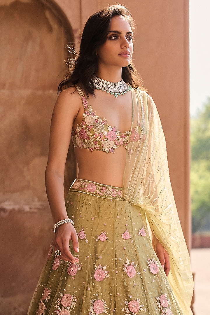 Pista Green Net Floral Applique Embroidered Bridal Lehenga Set by Sawan Gandhi at Pernia's Pop Up Shop