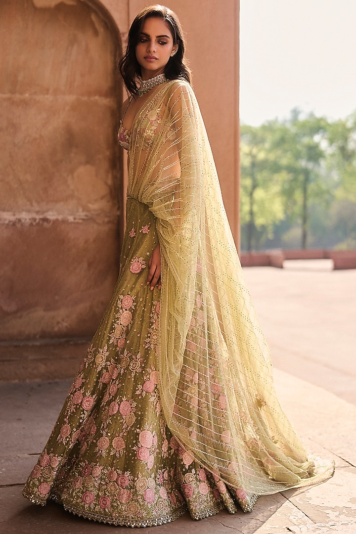 Pista Green Net Floral Applique Embroidered Bridal Lehenga Set by Sawan Gandhi at Pernia's Pop Up Shop