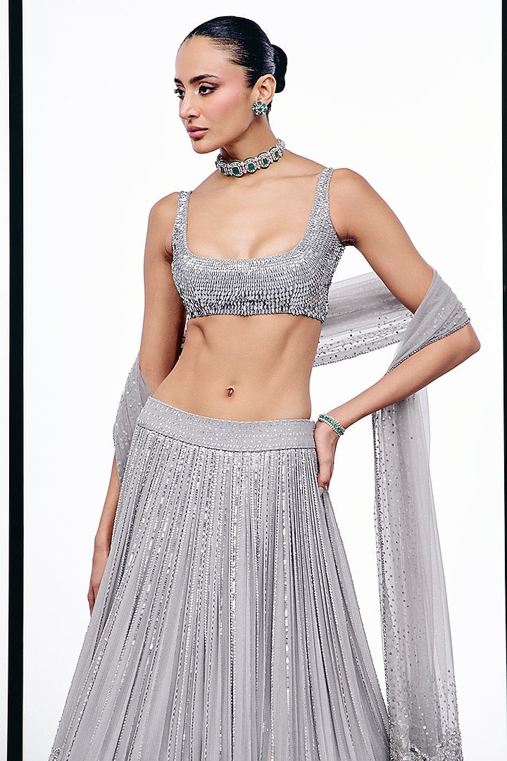 Grey Georgette Sequins Embroidered Bridal Lehenga Set by Sawan Gandhi at Pernia's Pop Up Shop