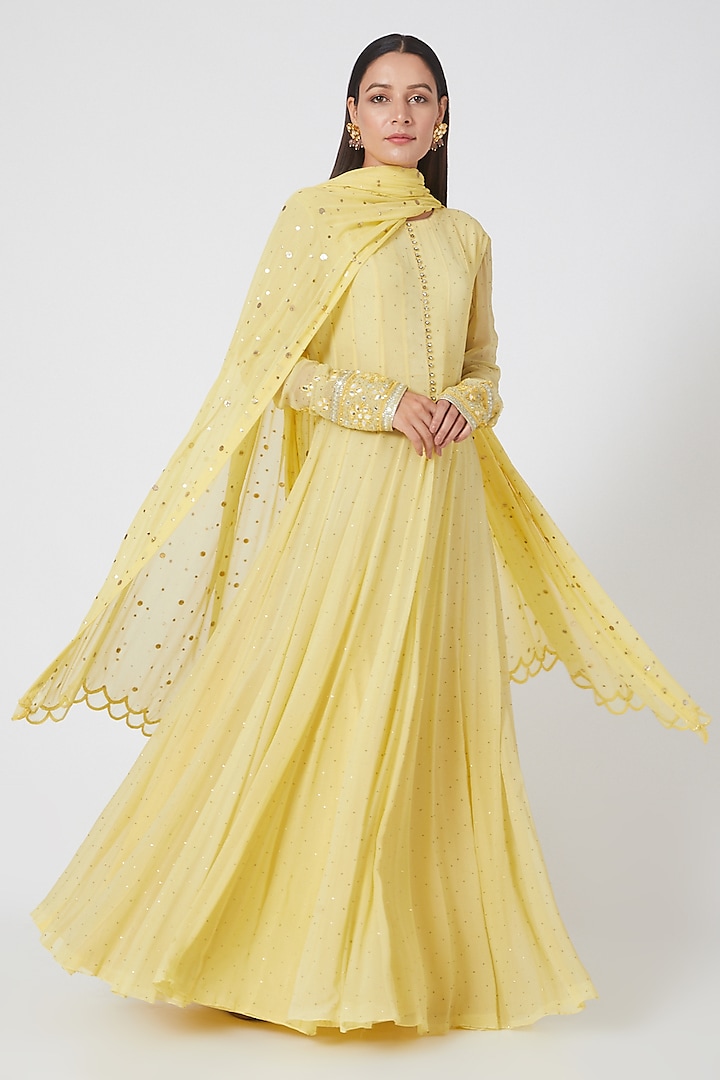 Yellow Georgette Anarkali Set by Sawan Gandhi