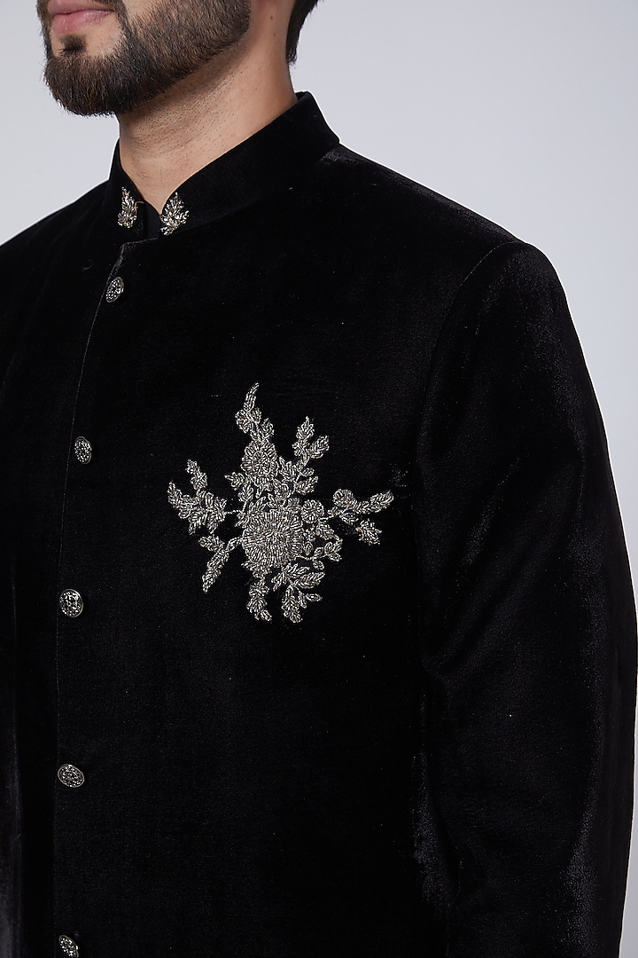 Black Velvet Blazer With Cutdana Work Design by Sawan Gandhi Men