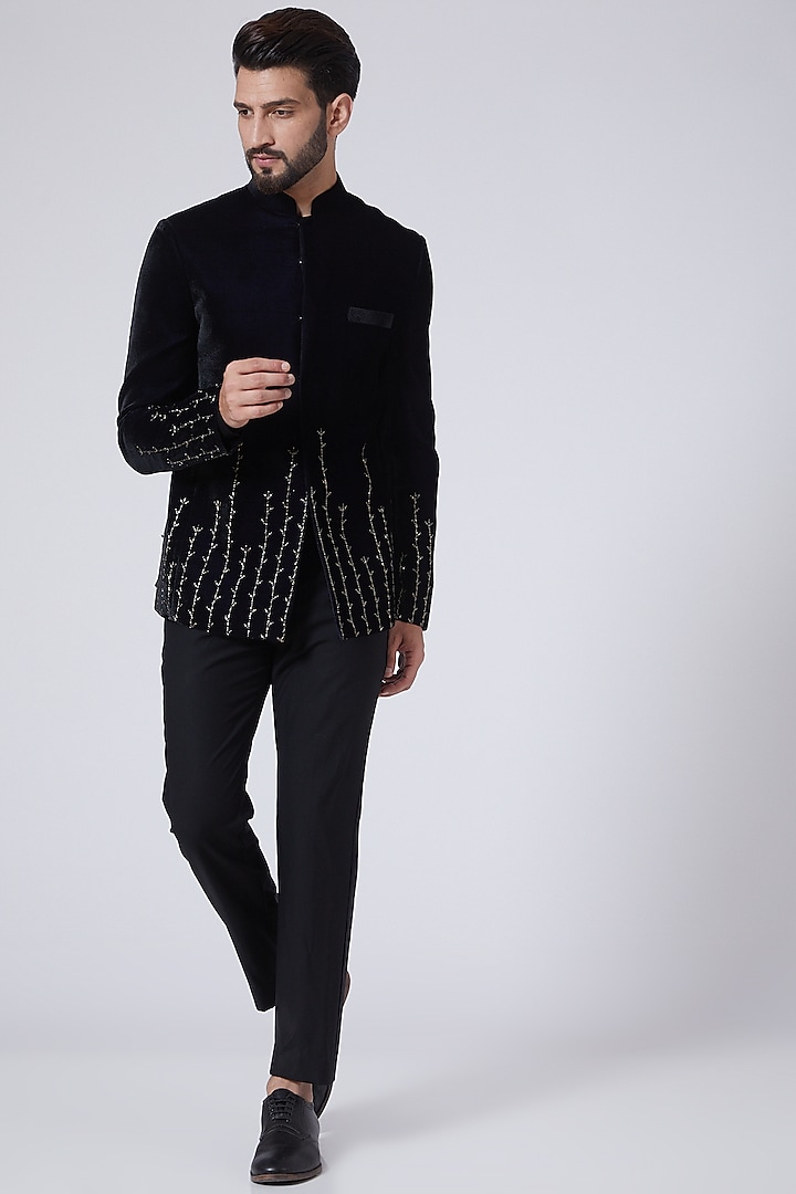 Midnight Blue Velvet Wedding Bandhgala Jacket by Sawan Gandhi Men at Pernia's Pop Up Shop