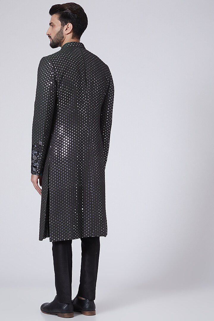 Charcoal Grey Georgette Wedding Sherwani by Sawan Gandhi Men at Pernia's Pop Up Shop