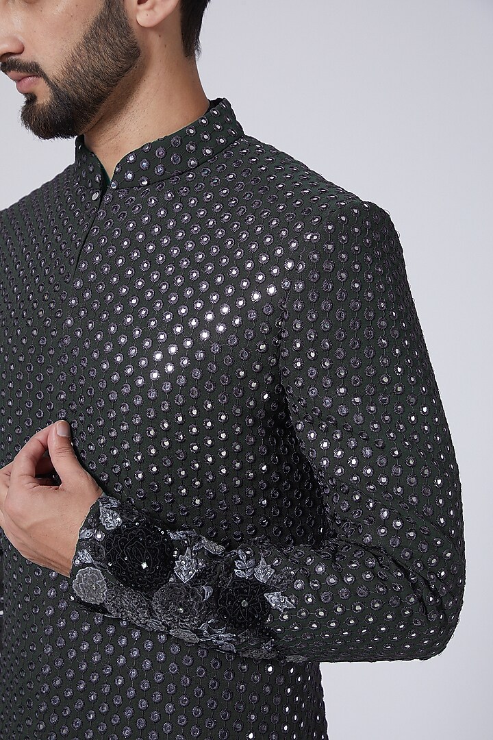 Charcoal Grey Georgette Wedding Sherwani by Sawan Gandhi Men at Pernia's Pop Up Shop