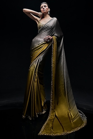 Gold & Grey Satin Ombre Saree Set by Sawan Gandhi