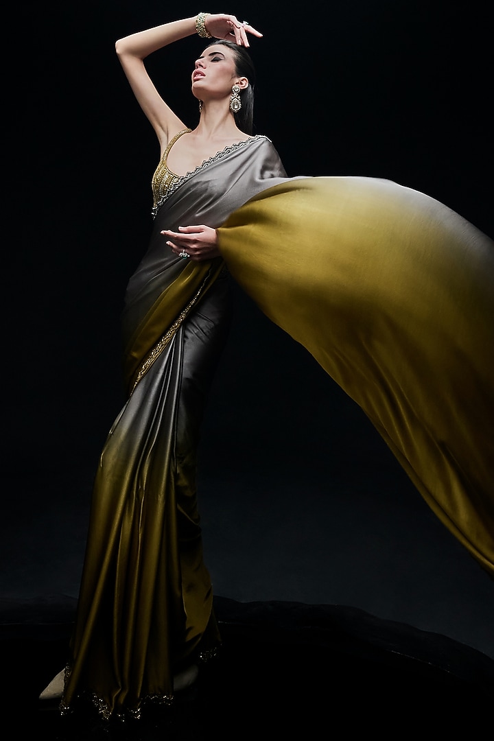 Gold & Grey Satin Ombre Reception Saree Set by Sawan Gandhi at Pernia's Pop Up Shop