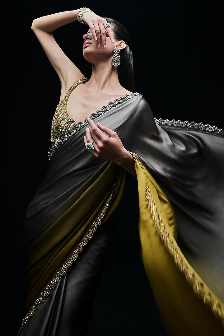 Gold & Grey Satin Ombre Reception Saree Set by Sawan Gandhi at Pernia's Pop Up Shop
