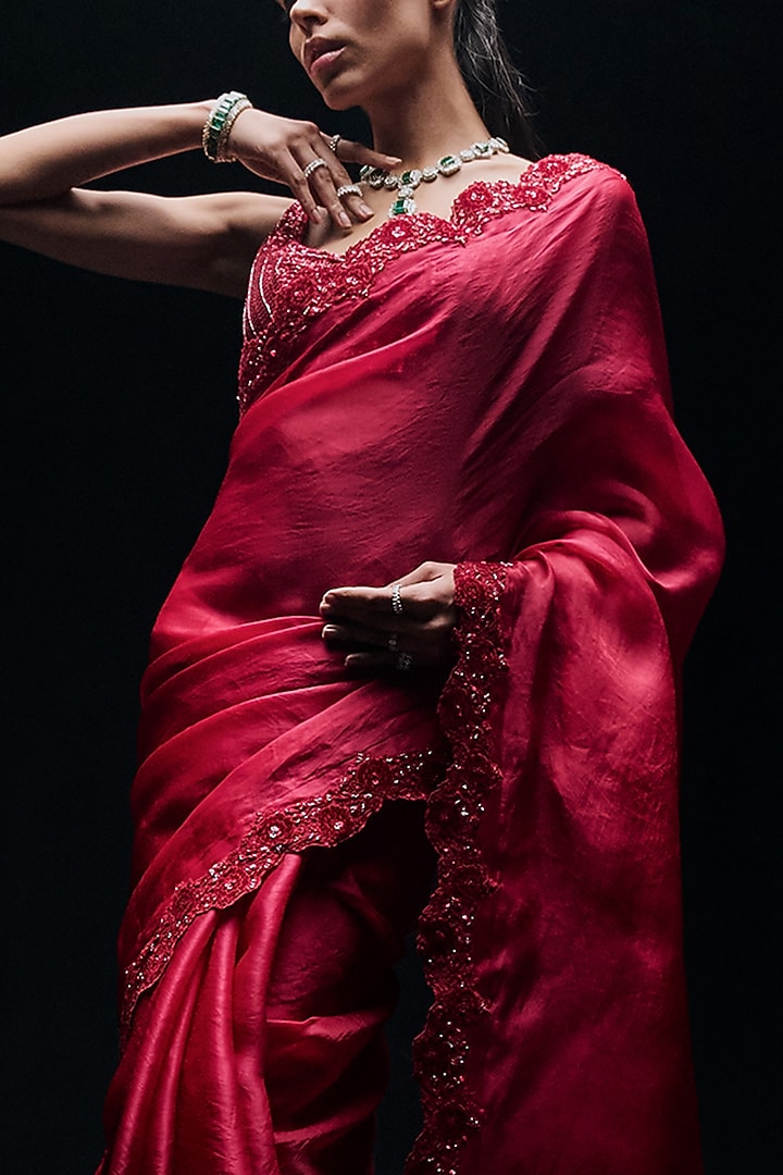 Red Organza Embroidered Reception Saree Set by Sawan Gandhi at Pernia's Pop Up Shop