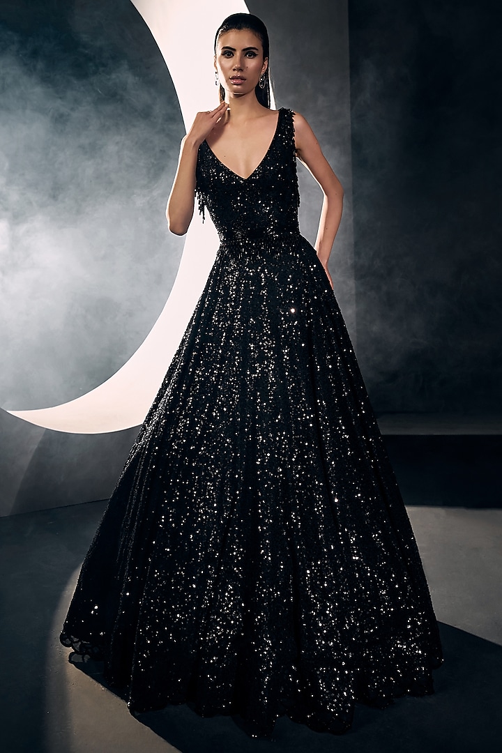 Black Georgette Sequins Gown by Sawan Gandhi