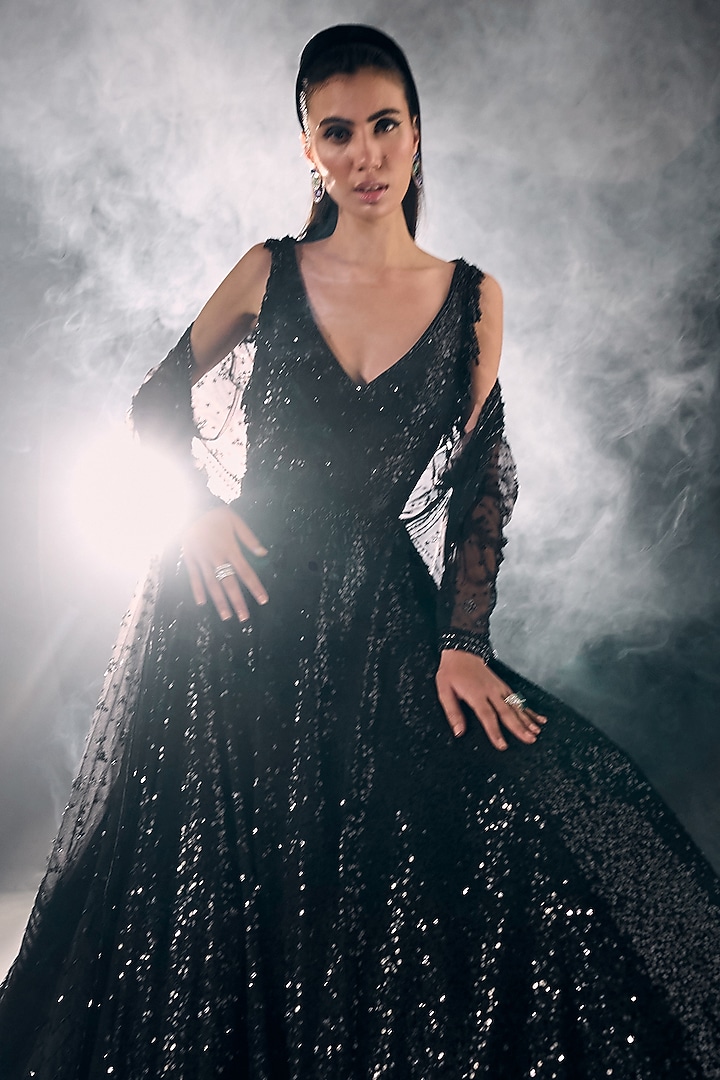 Black Georgette Sequins Wedding Gown by Sawan Gandhi at Pernia's Pop Up Shop