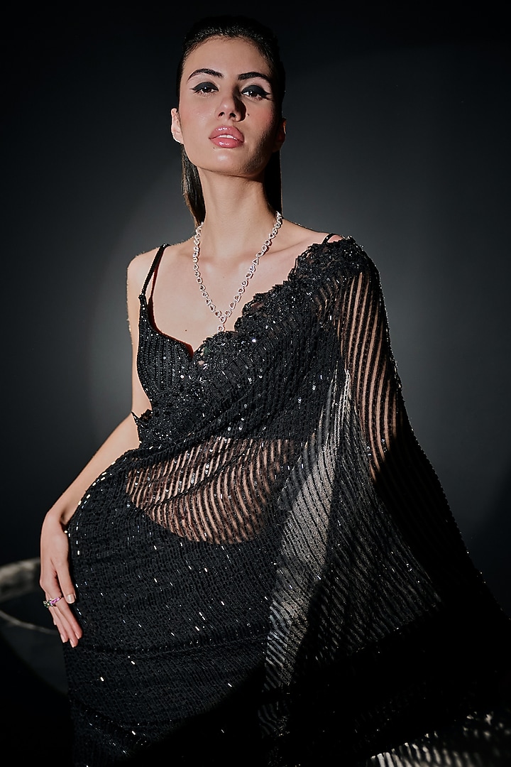 Black Ghicha Organza Embroidered Bridal Saree Set by Sawan Gandhi at Pernia's Pop Up Shop