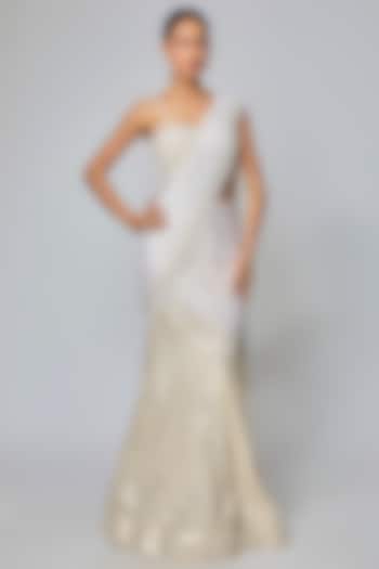 Ivory Georgette Mirror Work Fish-Cut Draped Bridal Saree Set by Sawan Gandhi at Pernia's Pop Up Shop