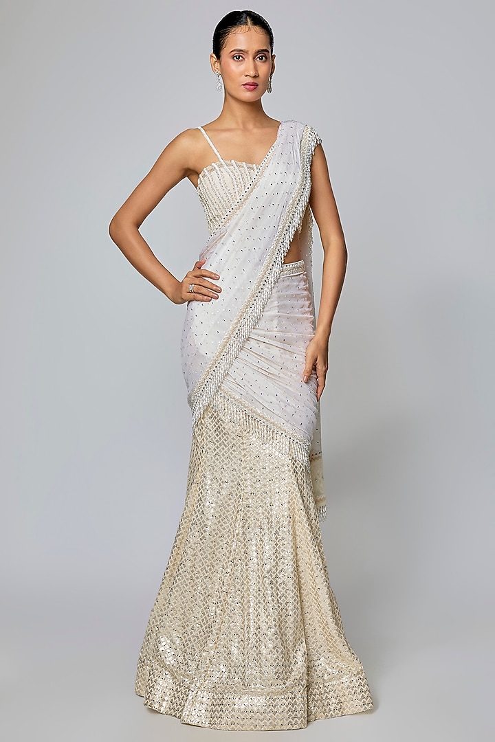Ivory Georgette Mirror Work Fish-Cut Draped Bridal Saree Set by Sawan Gandhi at Pernia's Pop Up Shop
