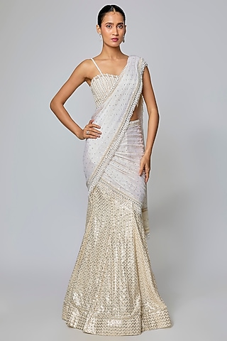 Ivory Georgette Mirror Work Fish-Cut Draped Saree Set by Sawan Gandhi