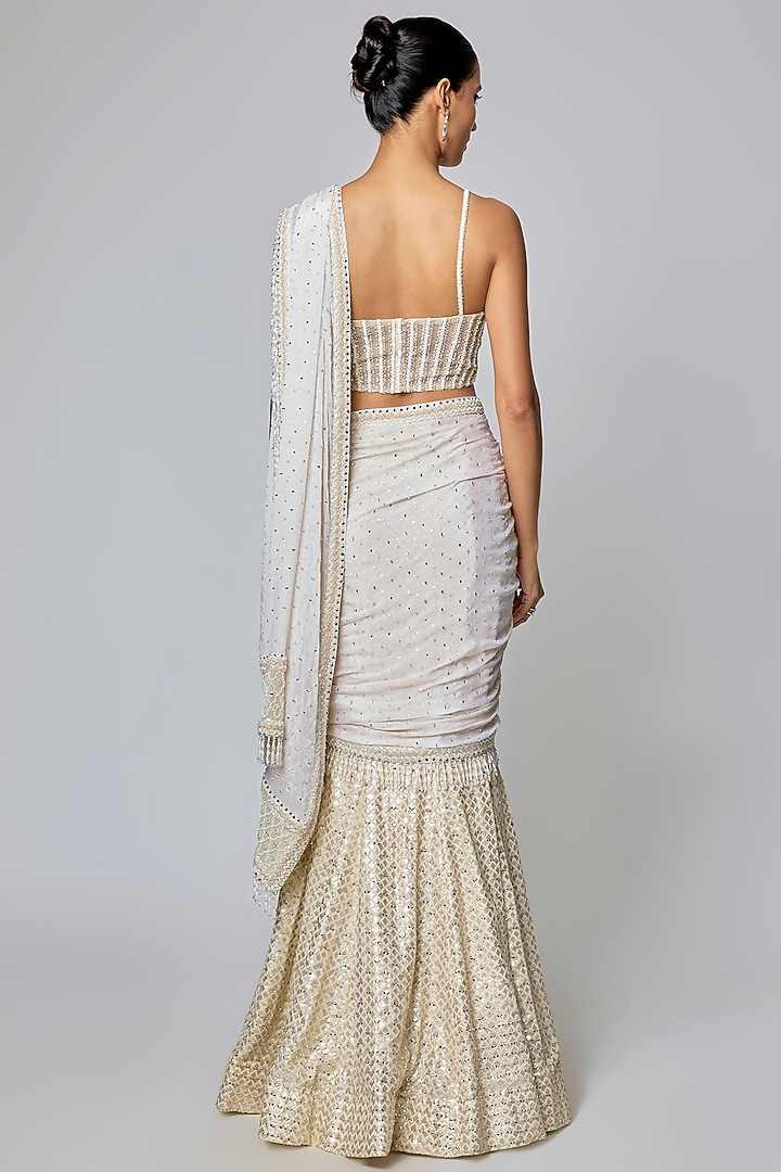 Ivory Georgette Mirror Work Fish-Cut Draped Bridal Saree Set by Sawan Gandhi at Pernia's Pop Up Shop