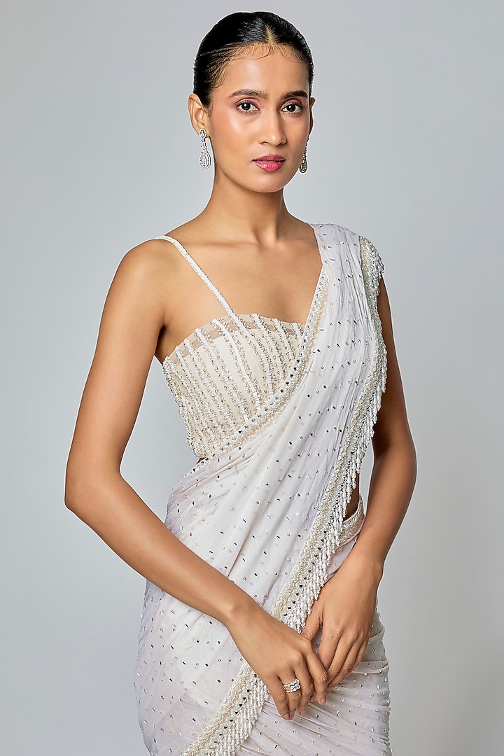 Ivory Georgette Mirror Work Fish-Cut Draped Bridal Saree Set by Sawan Gandhi at Pernia's Pop Up Shop