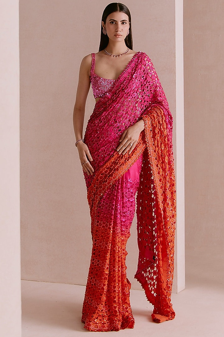 Hot Pink & Orange Ombre Chiffon Sequins Embroidered Bridal Saree Set by Sawan Gandhi at Pernia's Pop Up Shop