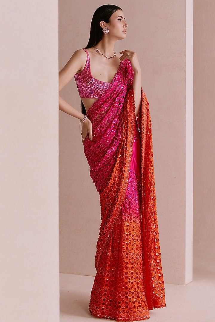 Hot Pink & Orange Ombre Chiffon Sequins Embroidered Bridal Saree Set by Sawan Gandhi at Pernia's Pop Up Shop