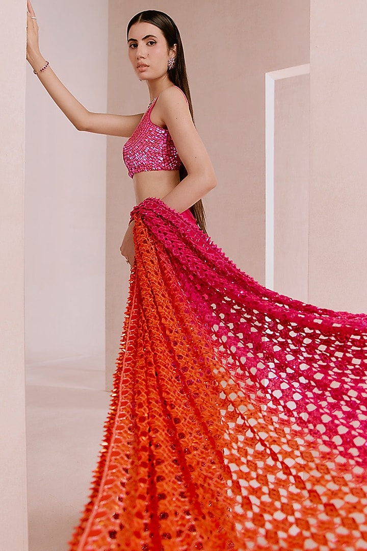 Hot Pink & Orange Ombre Chiffon Sequins Embroidered Bridal Saree Set by Sawan Gandhi at Pernia's Pop Up Shop