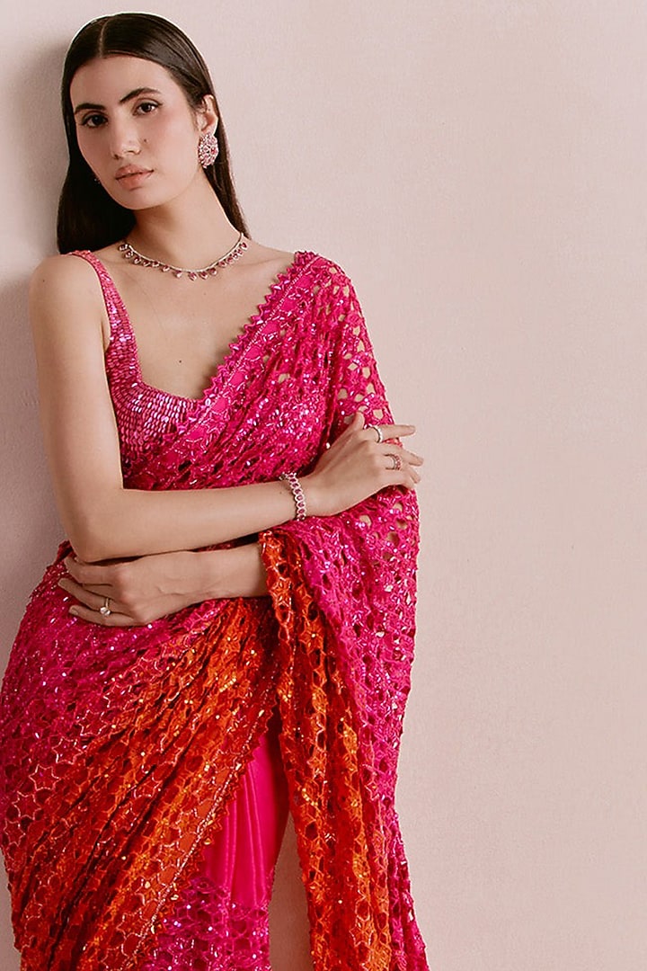 Hot Pink & Orange Ombre Chiffon Sequins Embroidered Bridal Saree Set by Sawan Gandhi at Pernia's Pop Up Shop