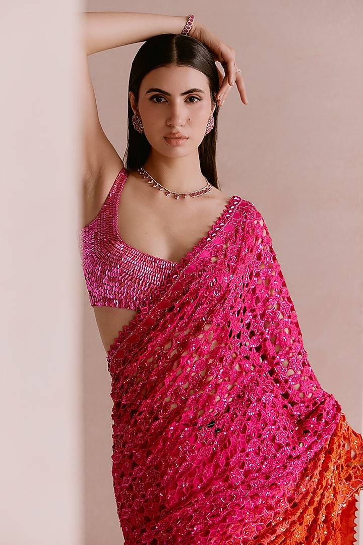 Hot Pink & Orange Ombre Chiffon Sequins Embroidered Bridal Saree Set by Sawan Gandhi at Pernia's Pop Up Shop