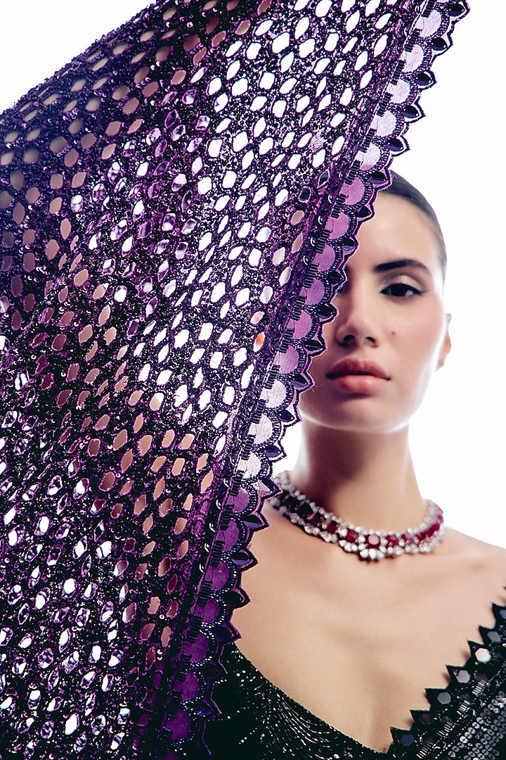 Black & Purple Ombre Sequins Embroidered Bridal Saree Set by Sawan Gandhi at Pernia's Pop Up Shop
