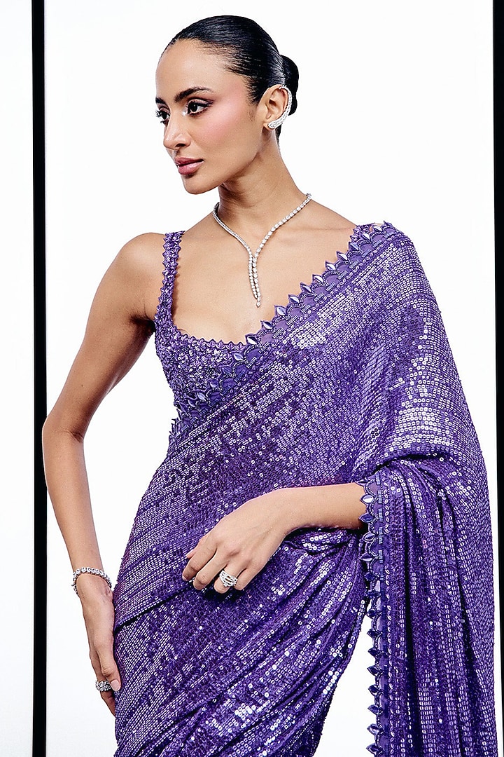 Purple Georgette Embellished Bridal Saree Set by Sawan Gandhi at Pernia's Pop Up Shop