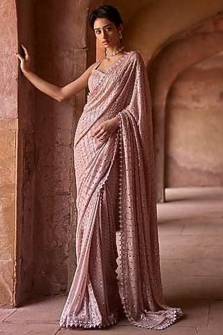 Dusky Pink Georgette Sequin & Cutwork Embroidered Saree Set by Sawan Gandhi