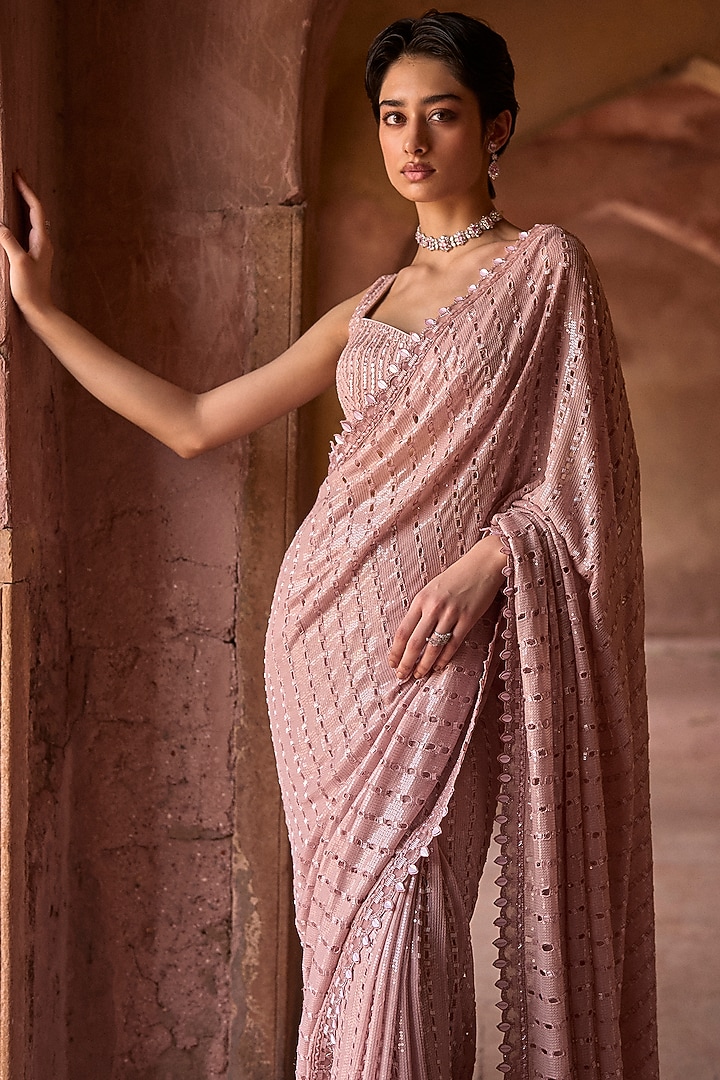 Dusky Pink Georgette Sequin & Cutwork Embroidered Bridal Saree Set by Sawan Gandhi at Pernia's Pop Up Shop