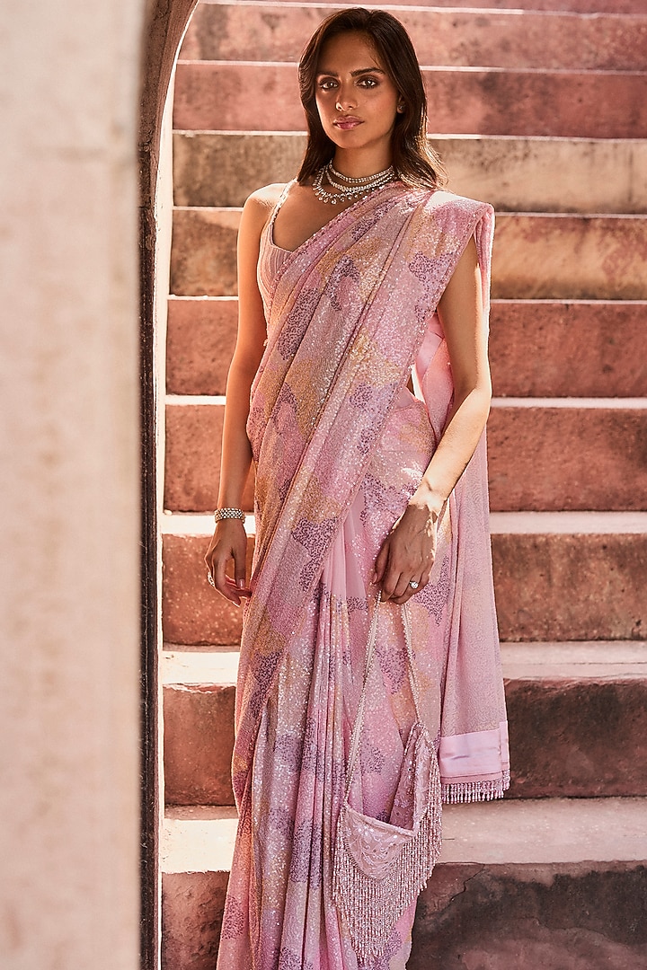 Pink Georgette Sequin Embroidered Bridal Saree Set by Sawan Gandhi at Pernia's Pop Up Shop