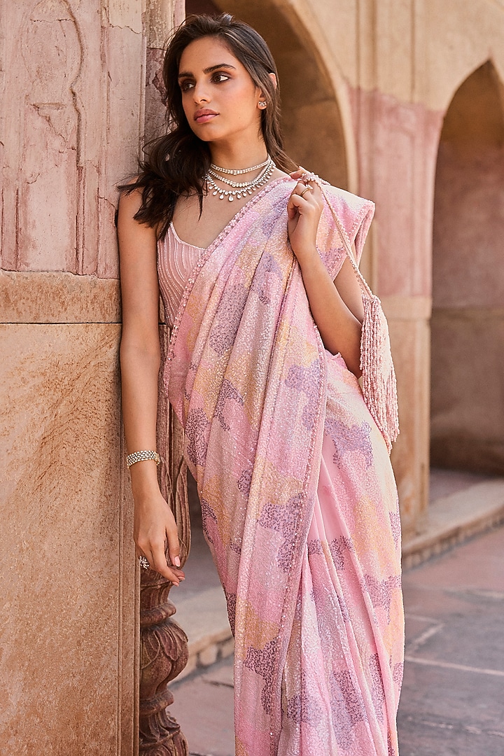 Pink Georgette Sequin Embroidered Bridal Saree Set by Sawan Gandhi at Pernia's Pop Up Shop