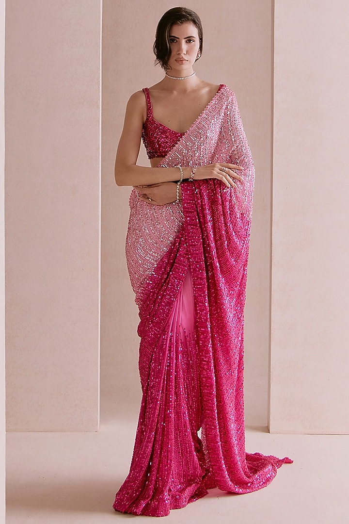 Hot Pink Ombre Net Sequins Embroidered Bridal Saree Set by Sawan Gandhi at Pernia's Pop Up Shop
