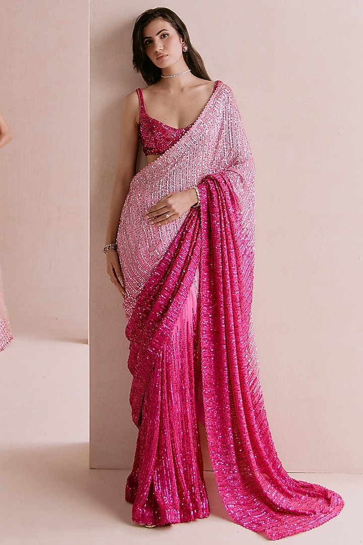 Hot Pink Ombre Net Sequins Embroidered Bridal Saree Set by Sawan Gandhi at Pernia's Pop Up Shop