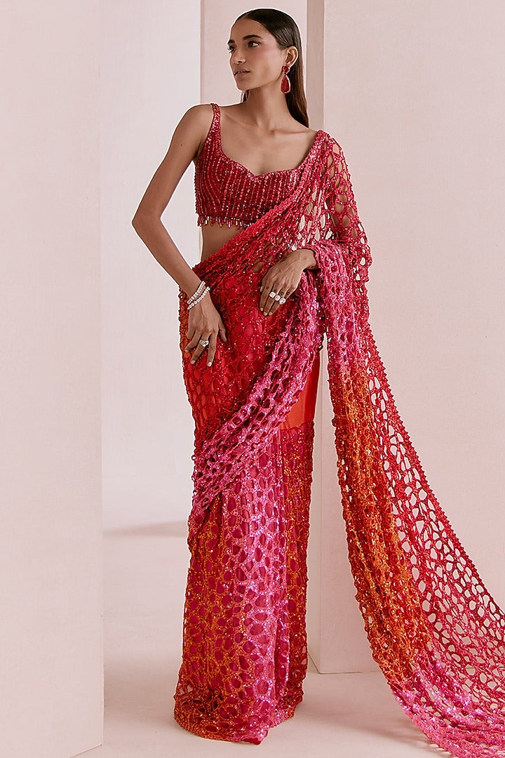 Multi-Colored Chiffon Sequins Embroidered Bridal Saree Set by Sawan Gandhi at Pernia's Pop Up Shop