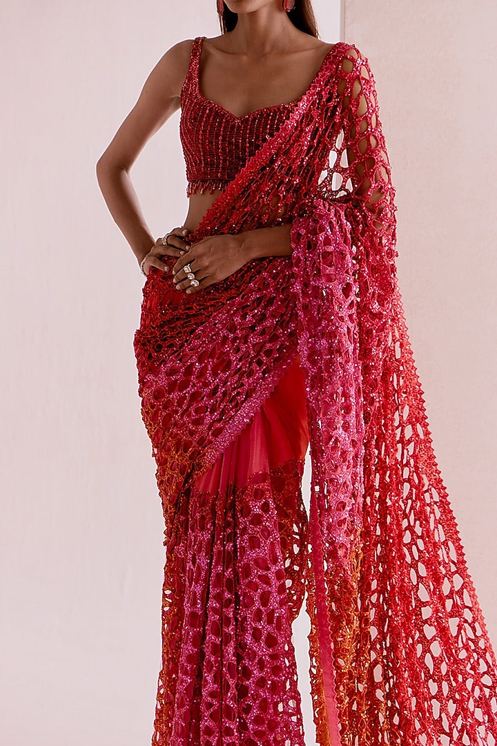 Multi-Colored Chiffon Sequins Embroidered Bridal Saree Set by Sawan Gandhi at Pernia's Pop Up Shop
