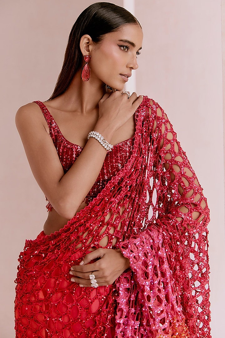 Multi-Colored Chiffon Sequins Embroidered Bridal Saree Set by Sawan Gandhi at Pernia's Pop Up Shop