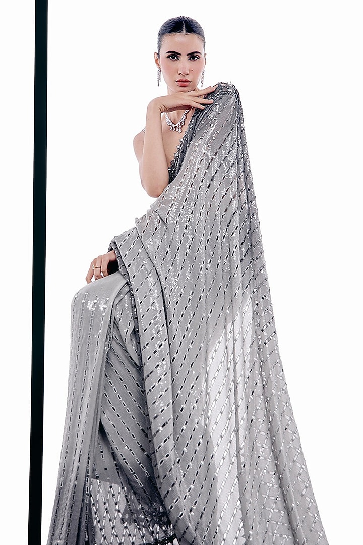 Grey Ombre Sequins Embellished Bridal Saree Set by Sawan Gandhi at Pernia's Pop Up Shop