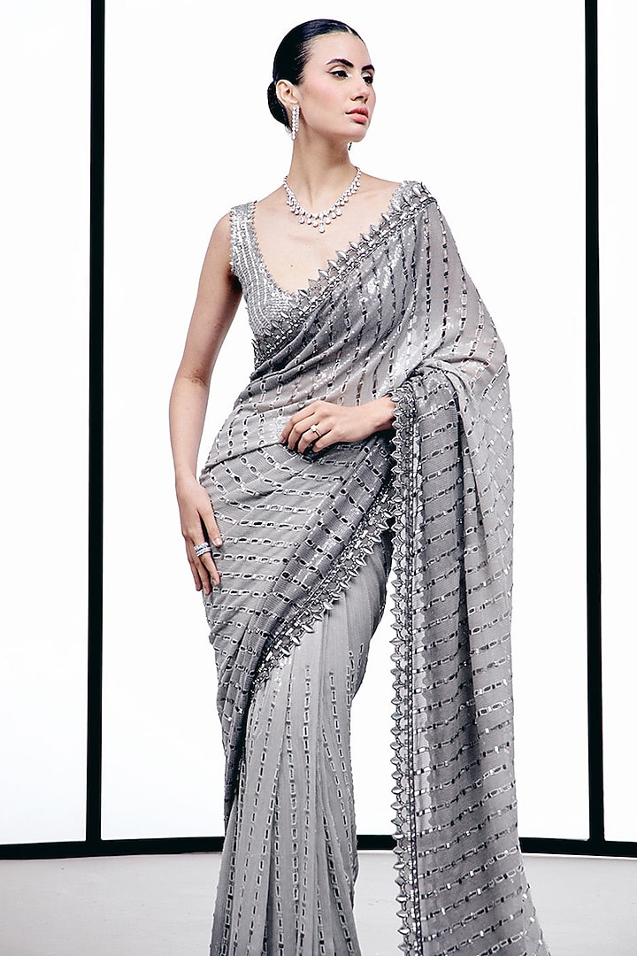 Grey Ombre Sequins Embellished Bridal Saree Set by Sawan Gandhi at Pernia's Pop Up Shop