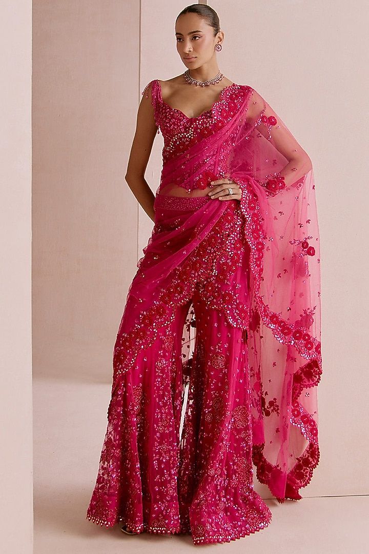 Pink Ombre Net Sequins Embroidered Sharara Bridal Saree Set by Sawan Gandhi at Pernia's Pop Up Shop