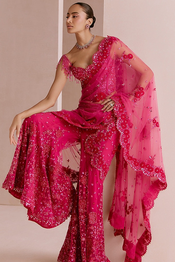 Pink Ombre Net Sequins Embroidered Sharara Bridal Saree Set by Sawan Gandhi at Pernia's Pop Up Shop