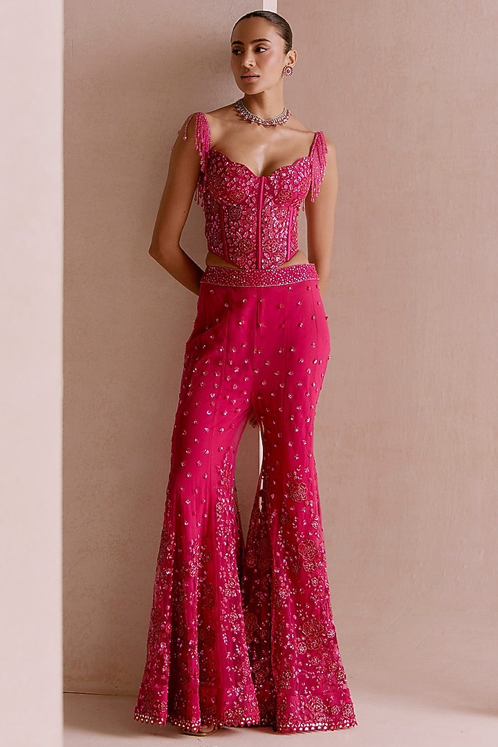 Pink Ombre Net Sequins Embroidered Sharara Bridal Saree Set by Sawan Gandhi at Pernia's Pop Up Shop
