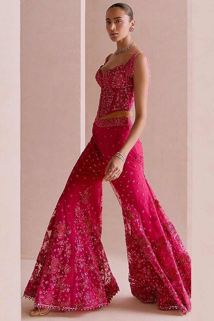 Pink Ombre Net Sequins Embroidered Sharara Bridal Saree Set by Sawan Gandhi at Pernia's Pop Up Shop