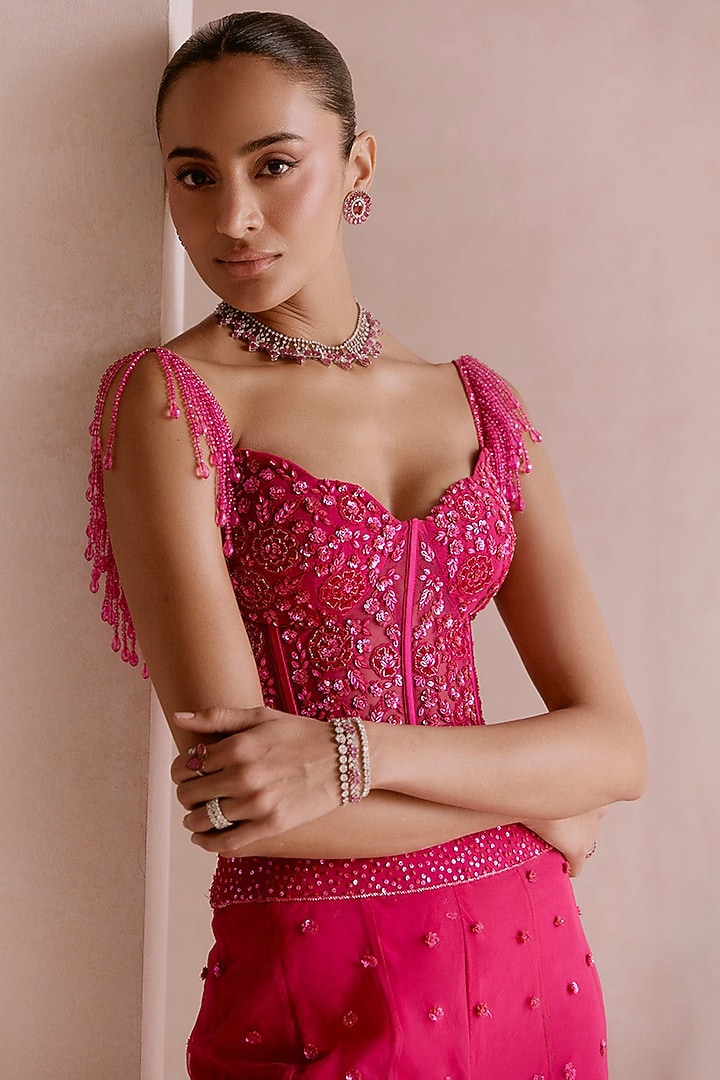 Pink Ombre Net Sequins Embroidered Sharara Bridal Saree Set by Sawan Gandhi at Pernia's Pop Up Shop