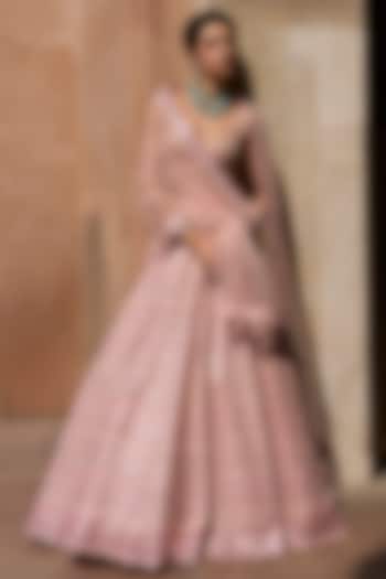 Blush Pink Georgette Chevron Embroidered Bridal Lehenga Set by Sawan Gandhi at Pernia's Pop Up Shop