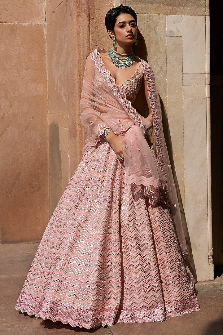 Blush Pink Georgette Chevron Embroidered Bridal Lehenga Set by Sawan Gandhi at Pernia's Pop Up Shop