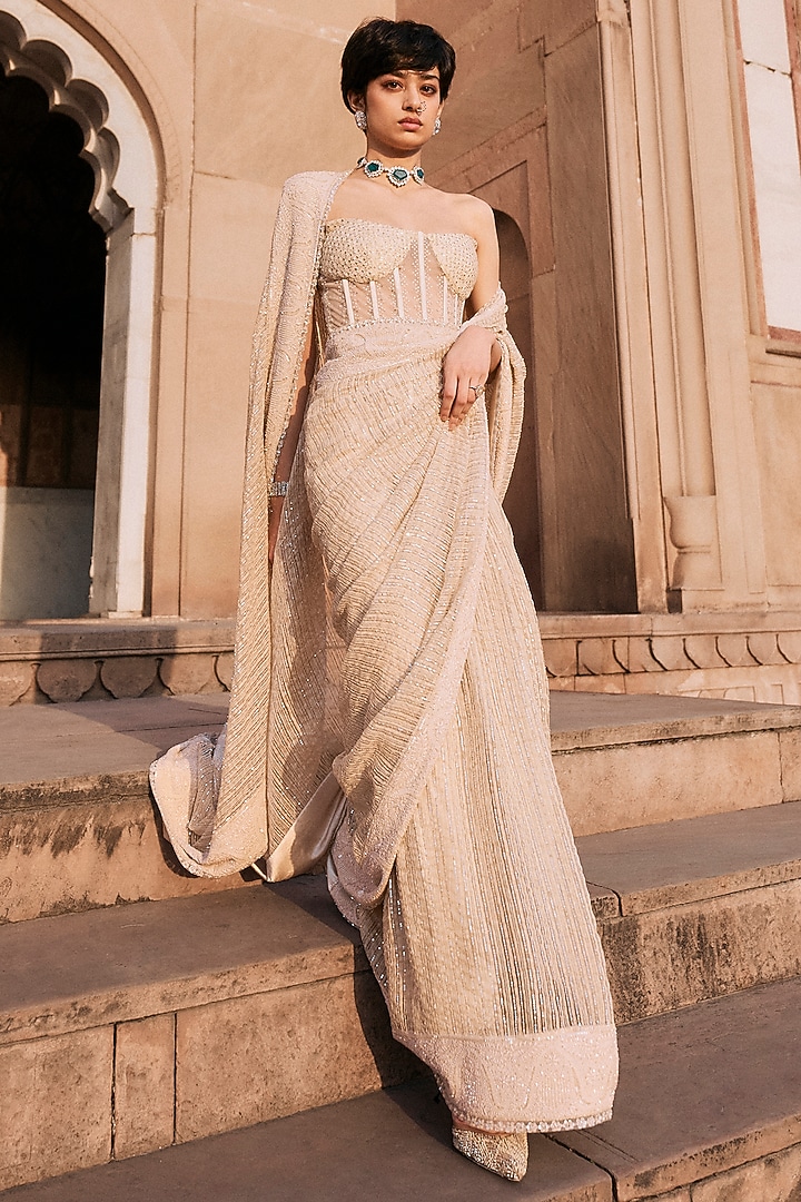 Ivory Handloom Organza Chikankari Bridal Saree Set by Sawan Gandhi at Pernia's Pop Up Shop
