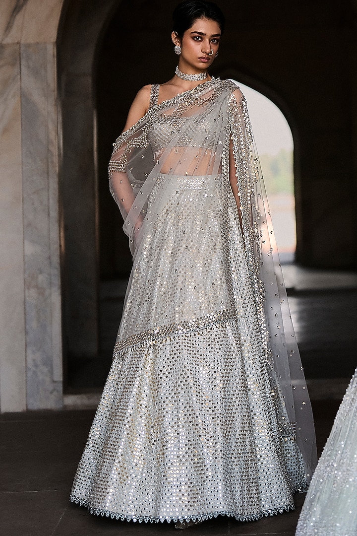 Ice Blue Georgette Sequin Embroidered Bridal Lehenga Set by Sawan Gandhi at Pernia's Pop Up Shop
