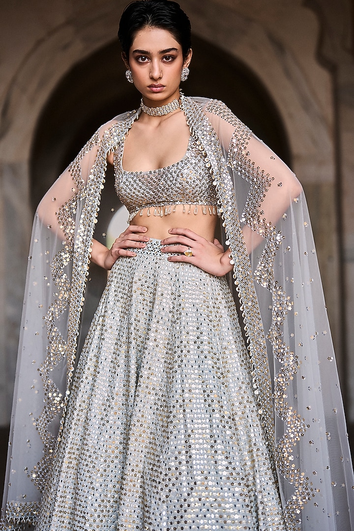 Ice Blue Georgette Sequin Embroidered Bridal Lehenga Set by Sawan Gandhi at Pernia's Pop Up Shop