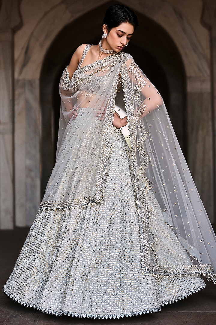 Ice Blue Georgette Sequin Embroidered Bridal Lehenga Set by Sawan Gandhi at Pernia's Pop Up Shop