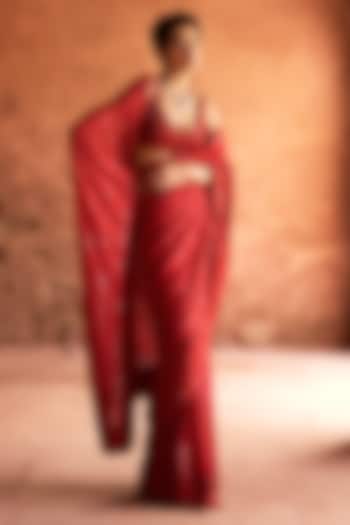 Orange Red Chinon Chiffon Chikankari Bridal Saree Set by Sawan Gandhi at Pernia's Pop Up Shop